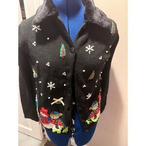 VTG Black Faux Fur Trim Button-Up Tacky Christmas Holiday Sweater with Snowman,